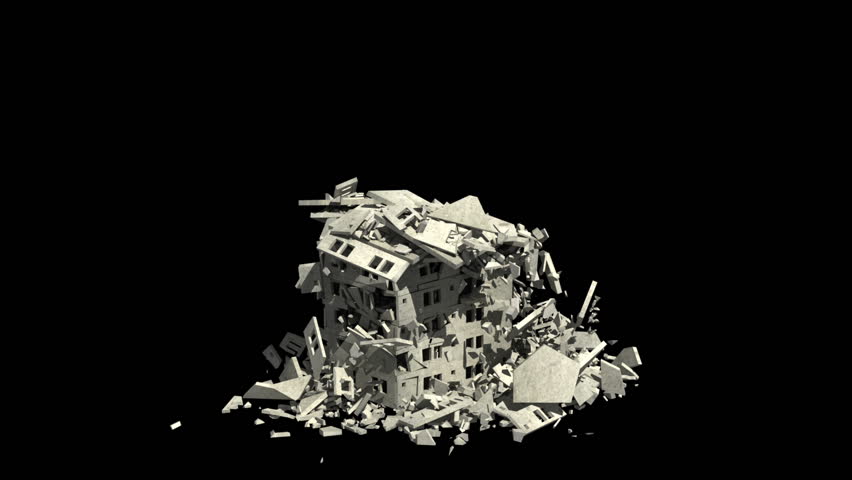 Concrete Building Collapse with alpha channel and green background. Camera high