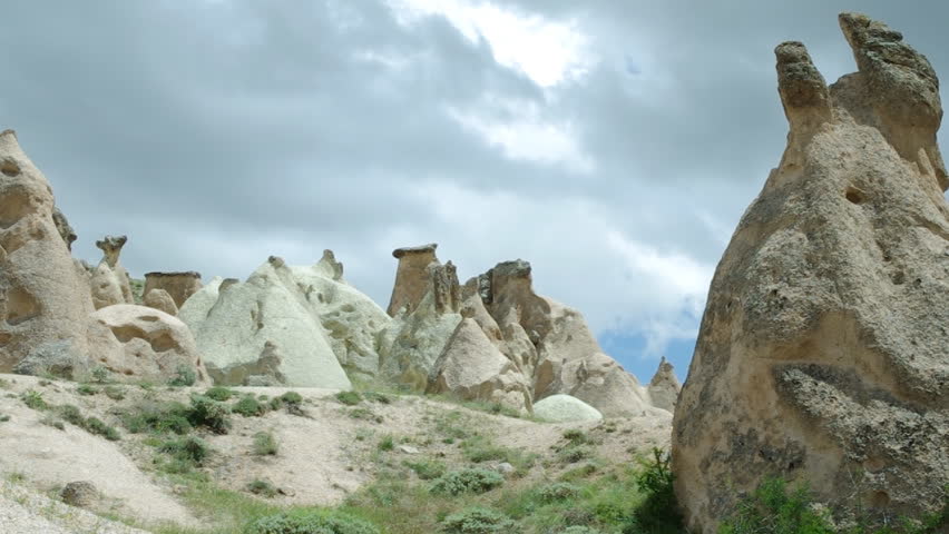 Cappadocia rock formations, slow panning video. Turkey.