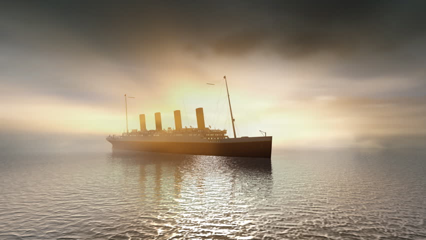 Ocean liner Titanic on calm seas with sunset