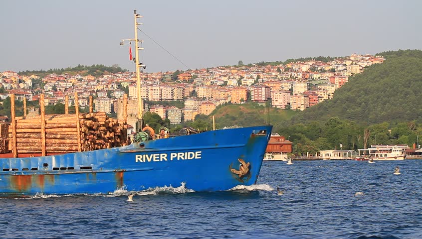 ISTANBUL - JULY 5: Cargo ship RIVER PRIDE (IMO: 8861034, Belize) on July 5, 2012 in Istanbul. A 109 mt long, 15 mt width vessel, launched into the sea in 1981 and has a deadweight of 3,197 tons