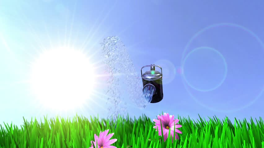 animated ecology conceptual background with watering can and growing flowers and grass