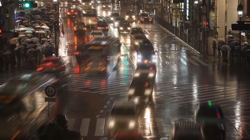 Shibuya Crossing, Tokyo, Japan, Night Traffic Crowds, Umbrella, Mansoon, Rain, time lapse