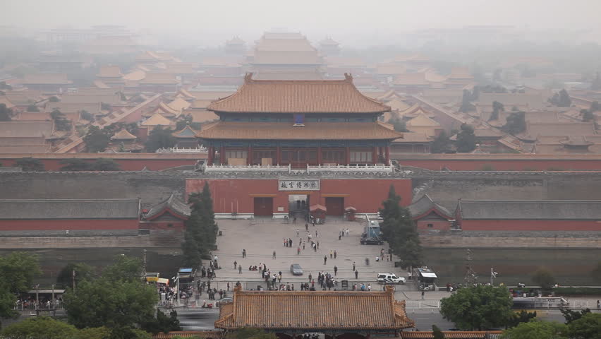 Center Beijing, China, Air Pollution, Smog, Gate to Forbidden City, Aerial View, time lapse