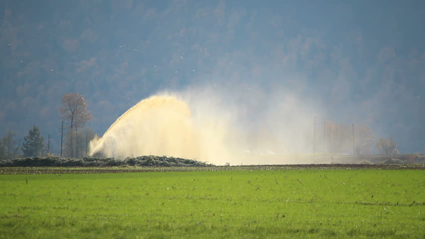 A high pressure hose is used to irrigate and fertilize a farmer's field/High Pressure Irrigation and Fertilization/A hose and strong winds spread moisture and fertilizer across a farmer's field