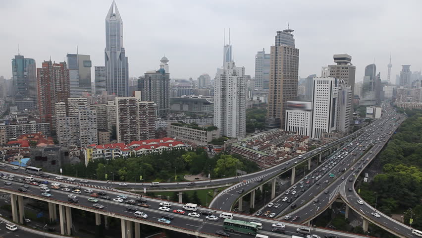 Aerial View of Shanghai Skyline, China, Yan'an East Road Overpass, blurred logos