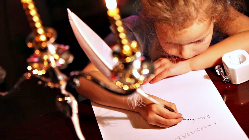 Girl writing with quill pen
