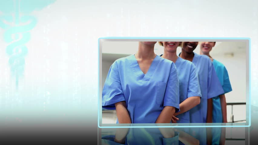 Montage of medical teams at the hospital on blue and white medical background