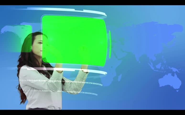 Woman browsing through interactive copy space library on blue world map background