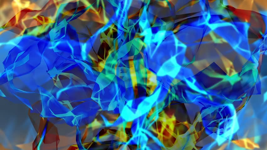 Ethereal blue and orange motion flames against black background.
