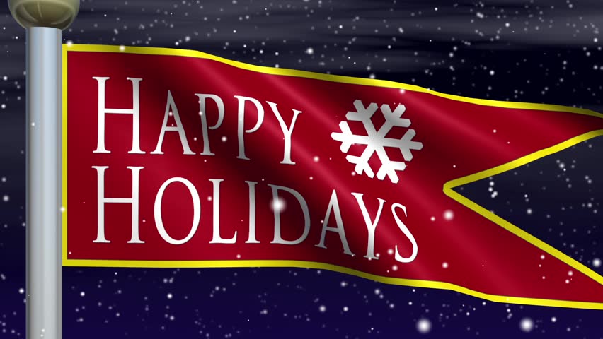 Perfectly seamless (no fade) loop. Red "Happy Holidays" pennant with falling snow against a gradient evening sky with subtly moving clouds. Crated at 1920x1080HD. 30 seconds.