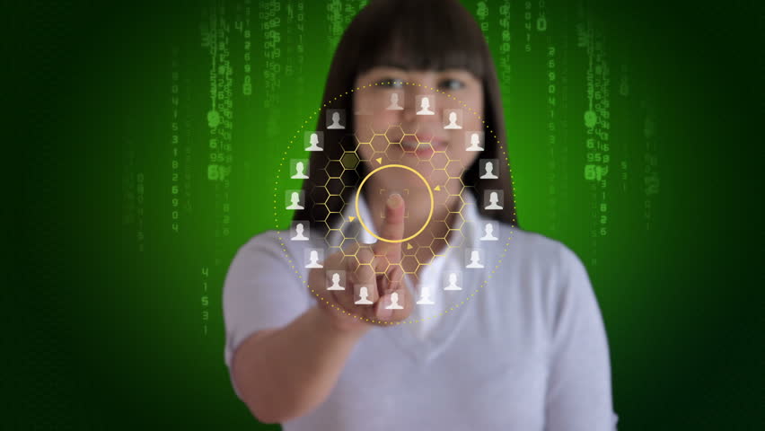 Woman touches a screen to reveal an animation of her social network