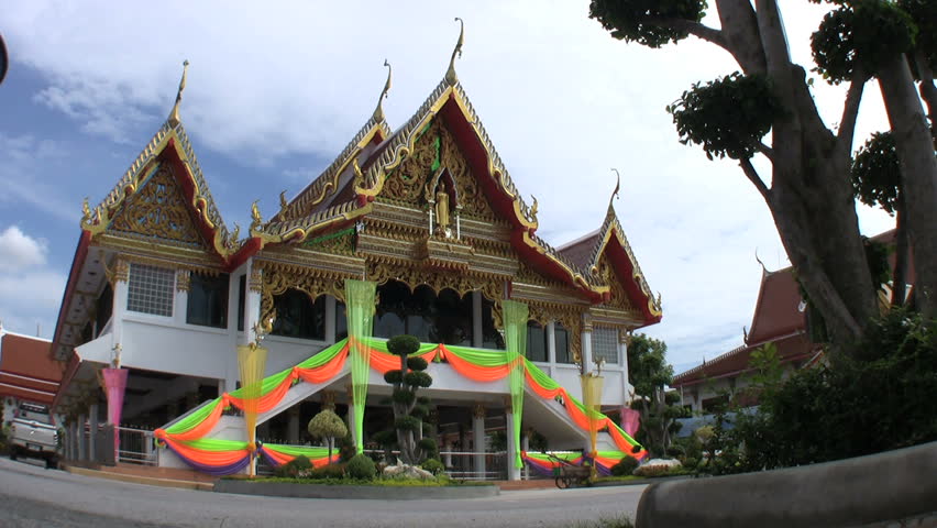 A Buddhist temple is decorated for a funeral in rural Thailand.