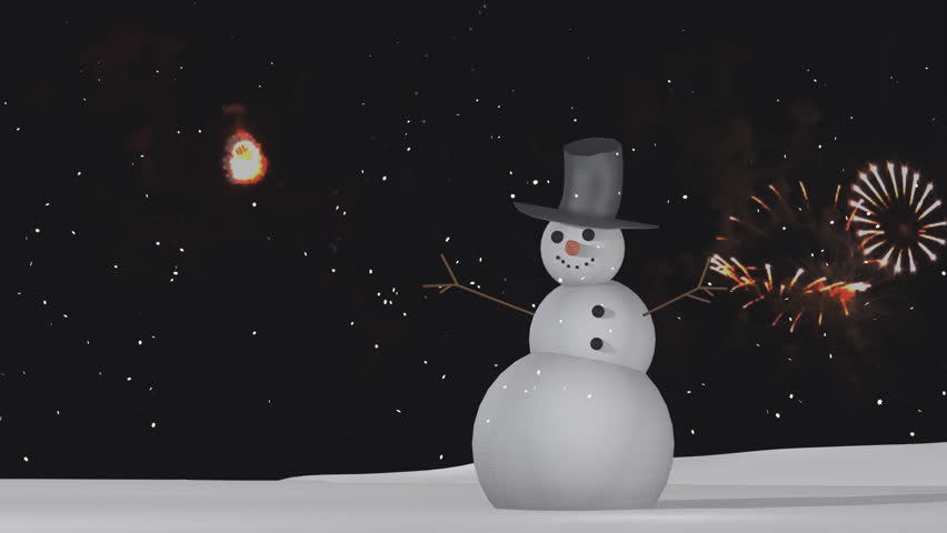 Animation of jolly snowman under falling snow and fireworks loop
