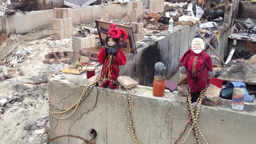 BREEZY POINT, QUEENS, NY - December 2, 2012: Video clip of wreckage and debris from fire from Hurricane Sandy.  Christmas decorations are displayed to show strength and spirit as community recovers.