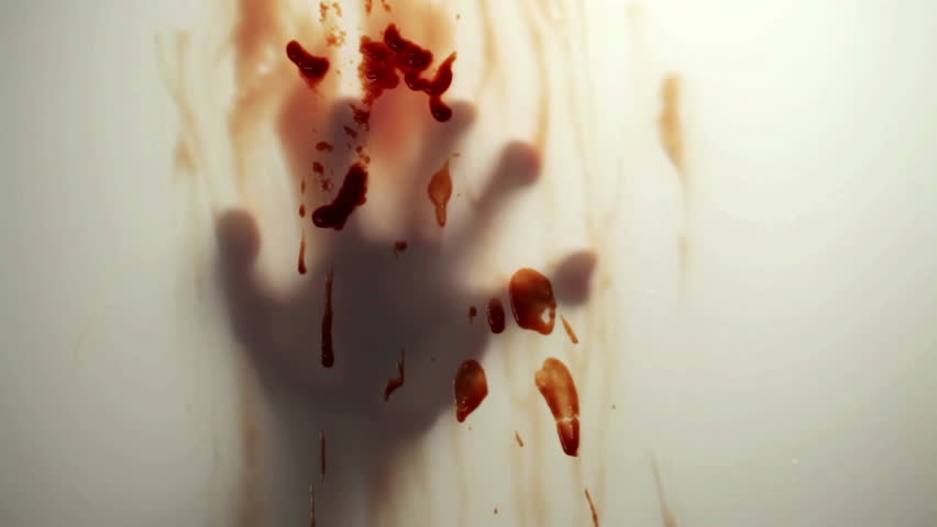 Blood-smeared hand - probably of a crime victim - behind frosted glass