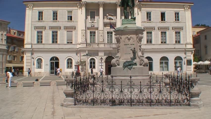 PIRAN, SLOVENIA - CIRCA 2011: Giuseppi Tartini statue in front of the civic building in Porec.
