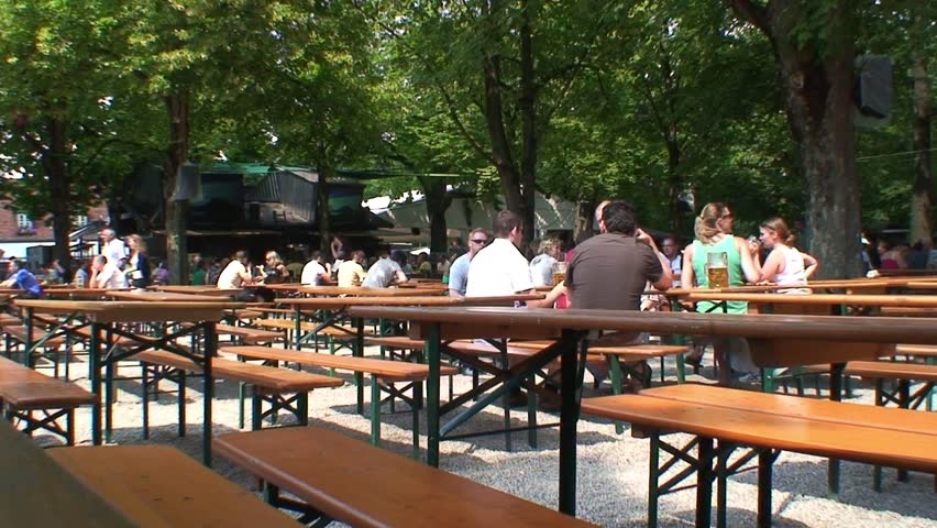 MUNICH, GERMANY - CIRCA 2011: Benches in a German beer garden in Munich.
