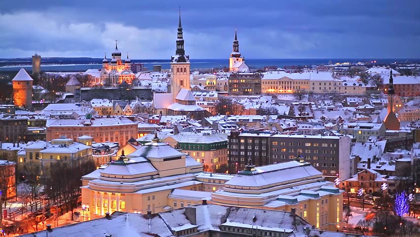 Wonderful winter night aerial scenery of the Old Town in Tallinn, Estonia