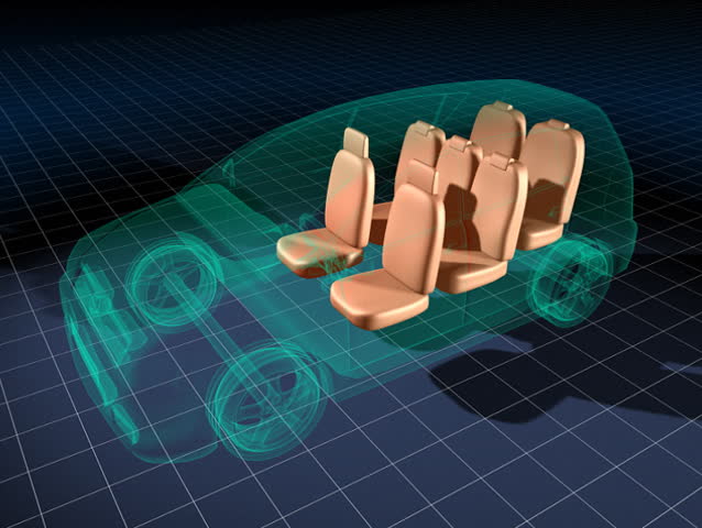 3D visualization of car chairs configuration in family van.