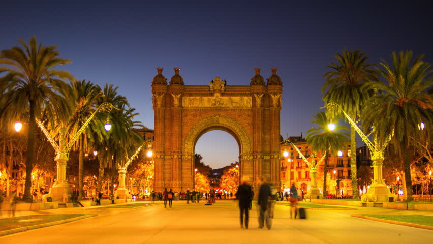 View of Arc de Triomf, illuminated at night, Barcelona, Spain