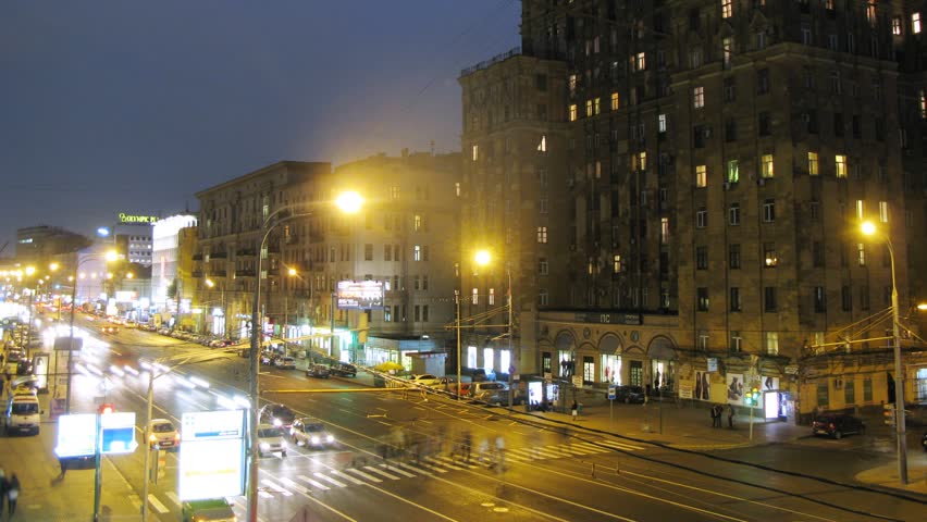 MOSCOW - SEP 27: (Timelapse) Night traffic on Mira prospect and people crossing street, on Sep 27, 2012 in Moscow, Russia. Mira Prospe?t is located on north east of Moscow