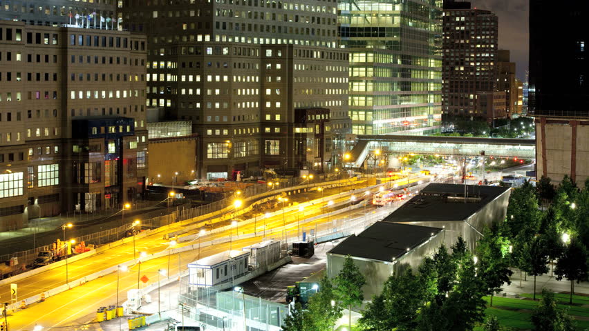 Aerial view of Freedom Towers and Ground Zero, lower Manhattan Skyline, New York, America at night