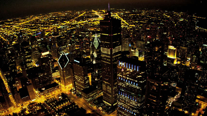 Chicago - August 18: Aerial illuminated night view Cloud Gate, Millennium Park, Chicago August 18, 2012, shot on RED EPIC