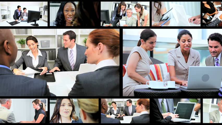 Montage collection of young Multi Ethnic business people using modern wireless tablet communication technology