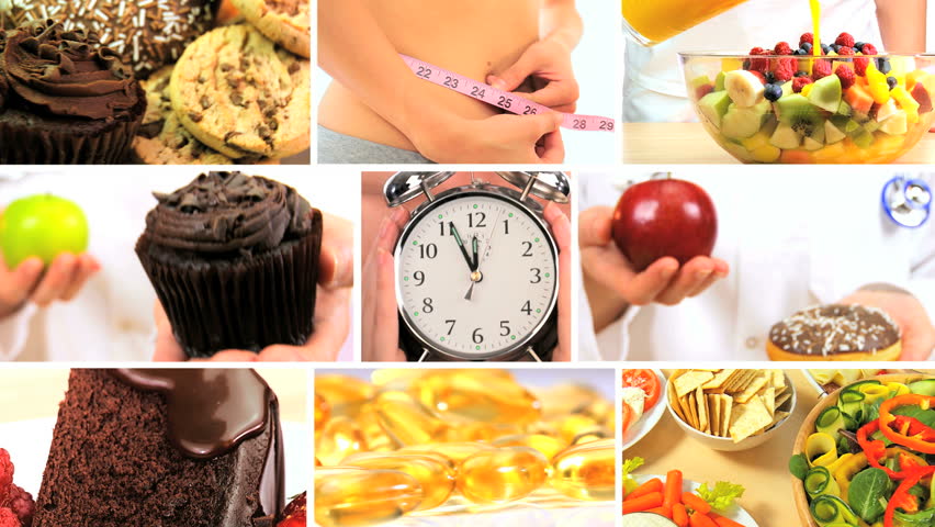 Montage collection of tempting food full of calories & the modern healthy options