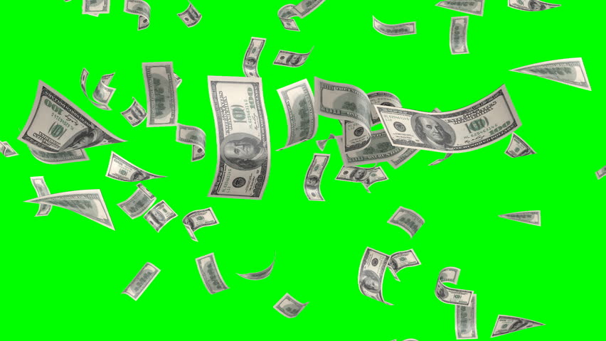 Flying banknotes of DOLLARS. Isolated over green alpha