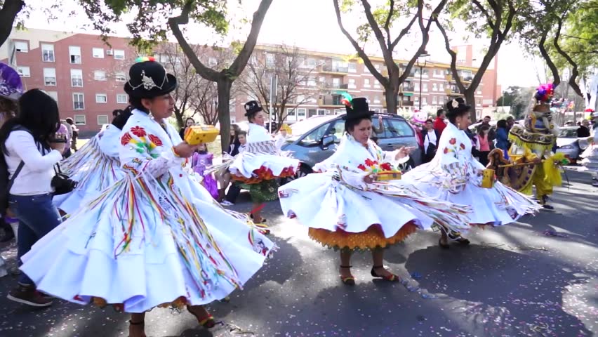 HUELVA, ANDALUSIA, SPAIN - FEBRUARY 10: The Carnival parade of Huelva, procession with people in traditional street dance show, on February 10, 2013 in Huelva, Andalusia, Spain 