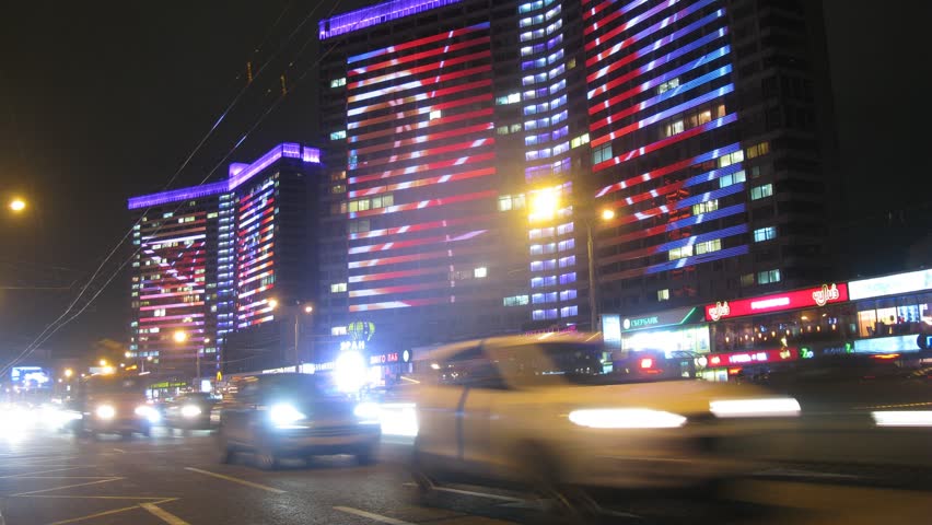 MOSCOW - NOV 14: (Timelapse) Night traffic ground view of Novy Arbat, Nov 14, 2012 in Moscow, Russia. New Arbat Avenue is major street in Moscow running west from Arbat Square to Novoarbatsky Bridge