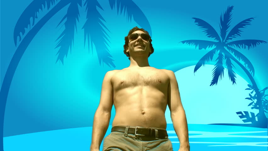 Video mixed with a background illustration of a young man inviting the viewer to follow him in a paradisiacal beach landscape.
