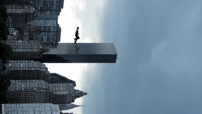 male model powerful superhero jogging skyline