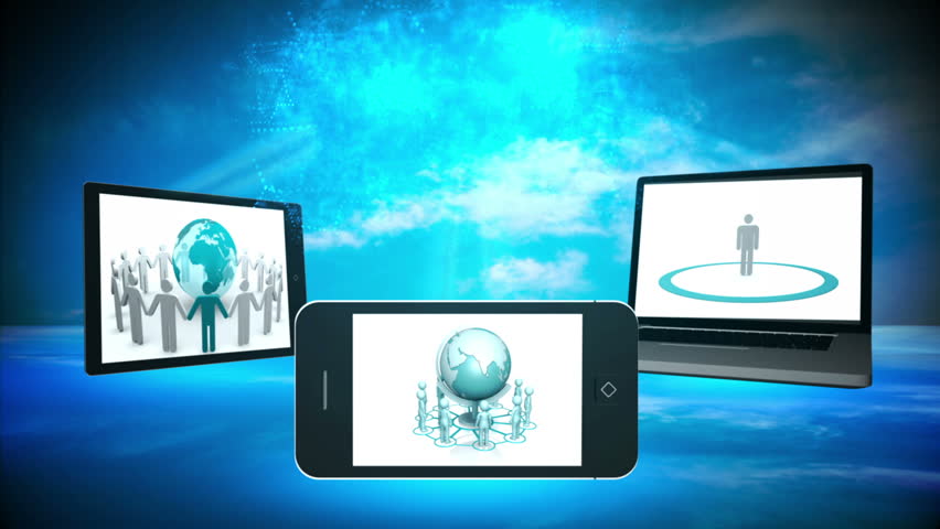 Various multimedia devices displaying business community imagery