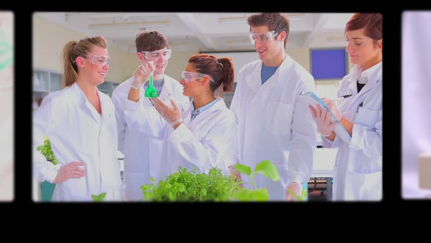 Montage of screens showing scientific scenes on black background
