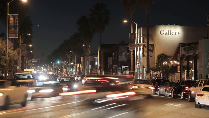 VENICE, CALIFORNIA - MARCH 8: A night time lapse of the trendy Abbott Kinney street on March 8, 2013 in Venice, California.