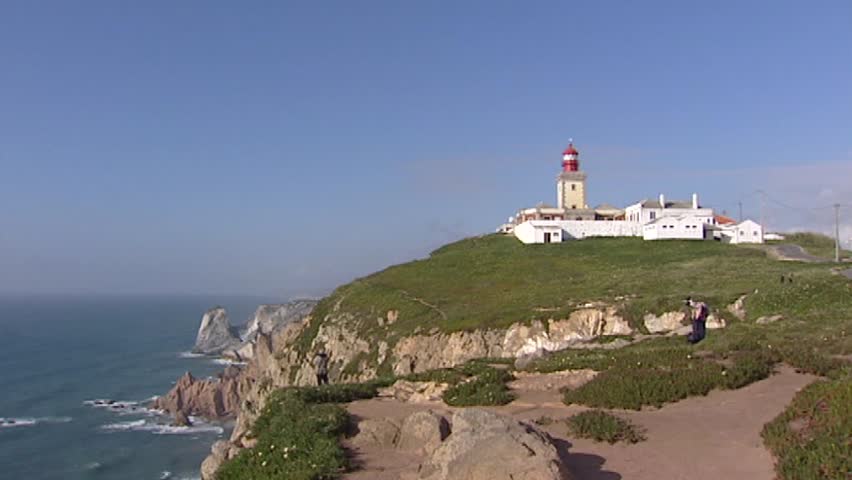 Cabo da Roca Lighthouse complex on the edge of the Cape at the westernmost mainland coast of Portugal and continental Europe -  pan Atlantic Ocean