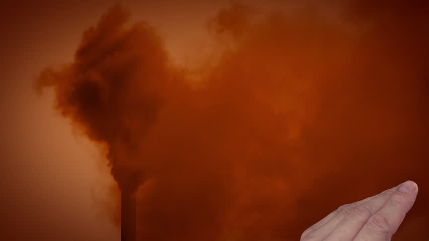 2 in 1. The first video: From the black pipe belching black smoke and obscures the sky. Men's hand in a white shirt "turns the page." The second video: Boundless poppy field and blue sky