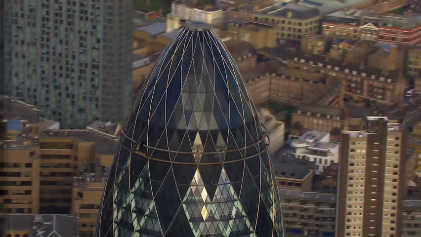 Aerial shot over the city of London financial district and some of London's most famous buildings