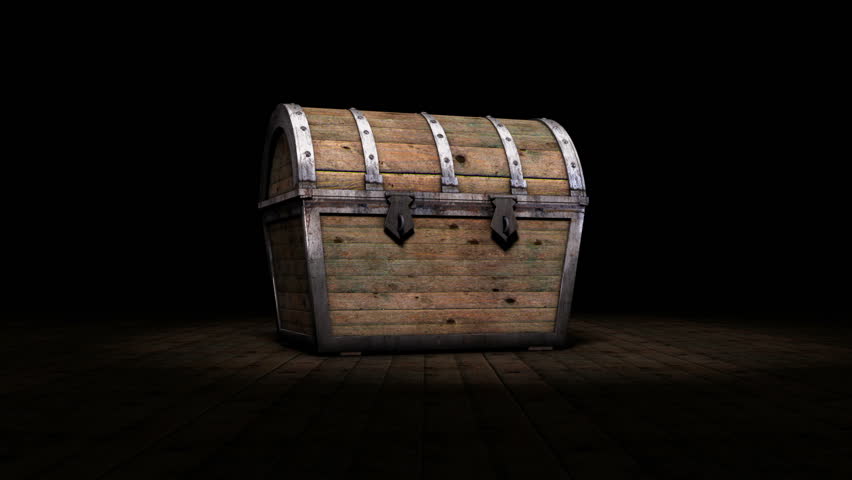 Treasure chest opening to reveal glowing white light inside and then transitioning inside the chest