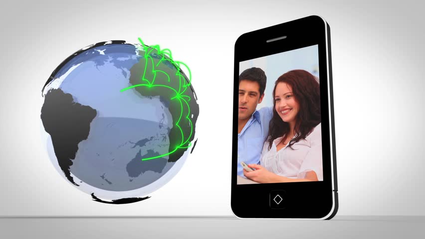 Video of couples presented on smartphone beside globe showing connections on white background