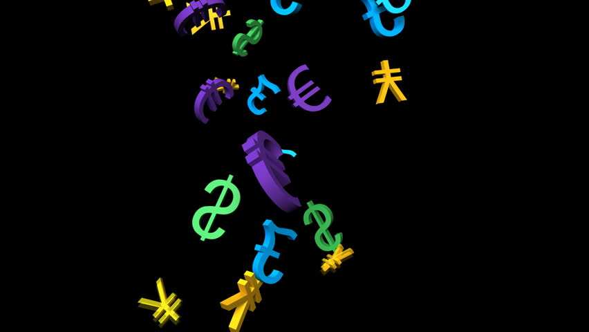 Falling colorful currency symbols, dollar, yen, pound, euro with alpha matte, loopable - 720p