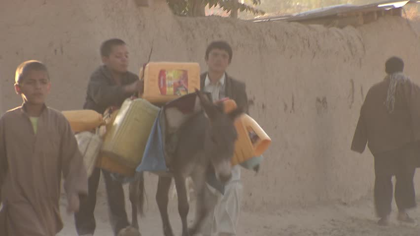 Faizabad, Afghanistan - November 7, 2010:  Boys with donkeys coming from river where they got drinking water for their families.
