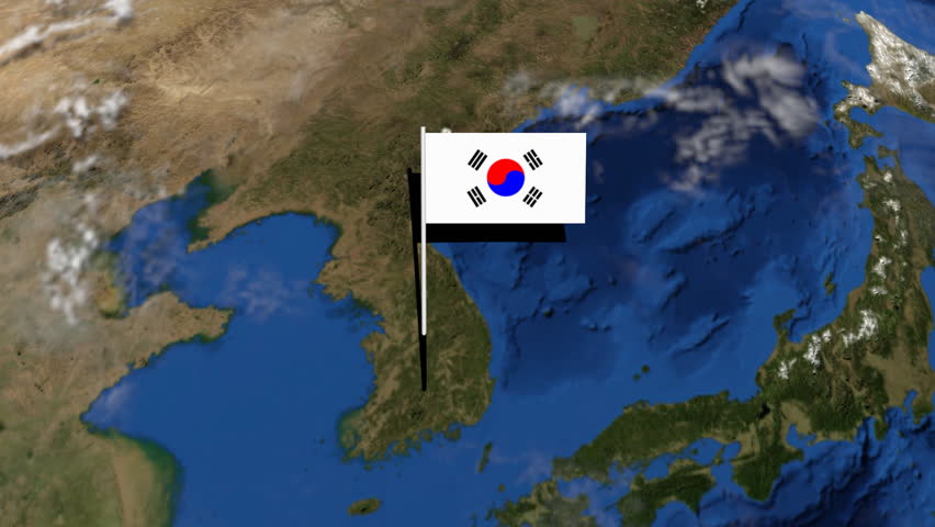 South Korean flag on pole on earth globe animation
