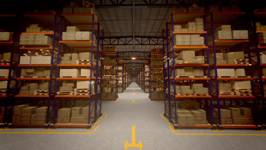 Warehouse interior 3d loopable animation. Camera is moving forward.