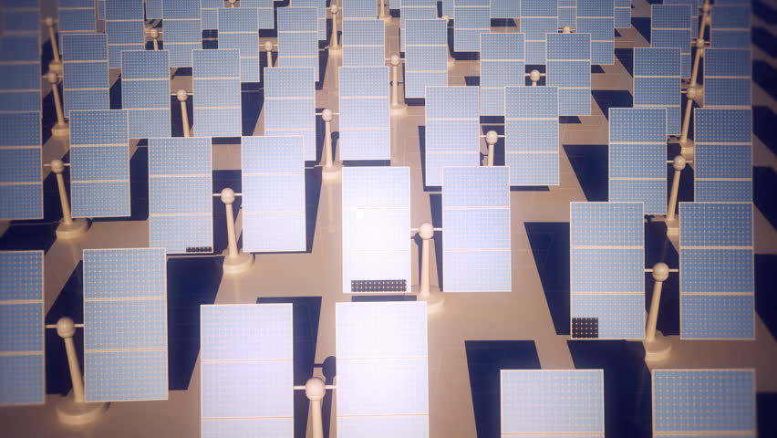 Animation of sunny solar panels in a solar power station. View from top.