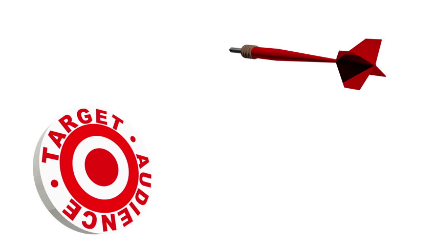 A red dart flying through the air in 3D space and hitting a bulls eye in a dartboard labeled with the words target audience.