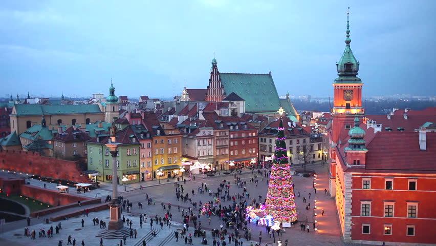 Old Town of Warsaw in Poland illuminated at evening, during Christmas time.