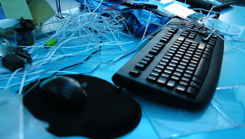 Chaotic office, bad worker, mess and all sorts of supplies.
